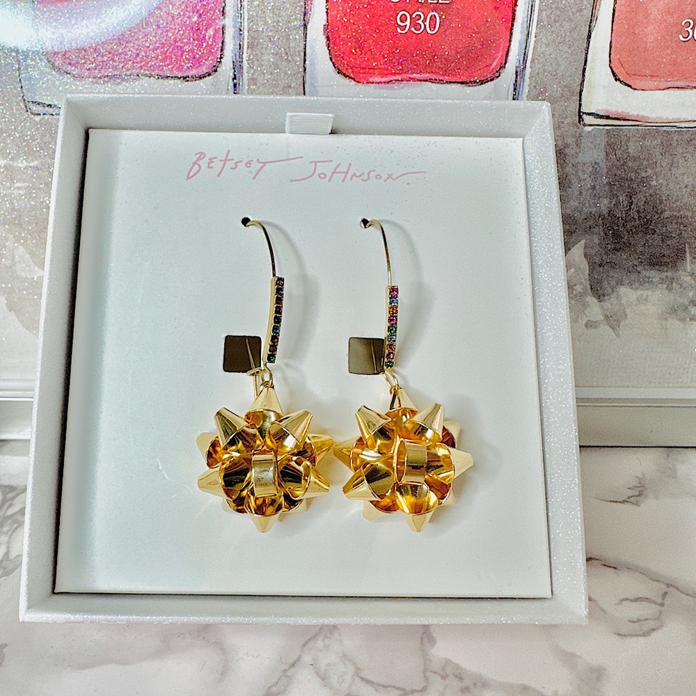 Betsey Johnson, metal gift bow drop, earrings, rainbow crystals